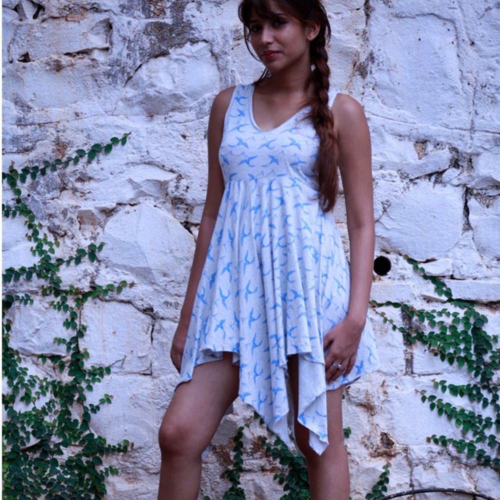 All over print grey dress with birds